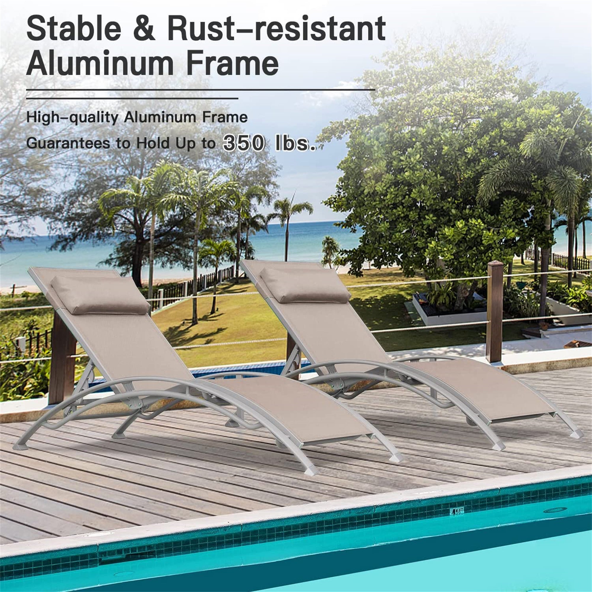 Outdoor Chaise Lounge Set of 2 Patio Recliner Chairs with Adjustable Backrest and Removable Pillow for Indoor&Outdoor Beach Pool Sunbathing Lawn (Khaki,2 Lounge Chairs) Doba